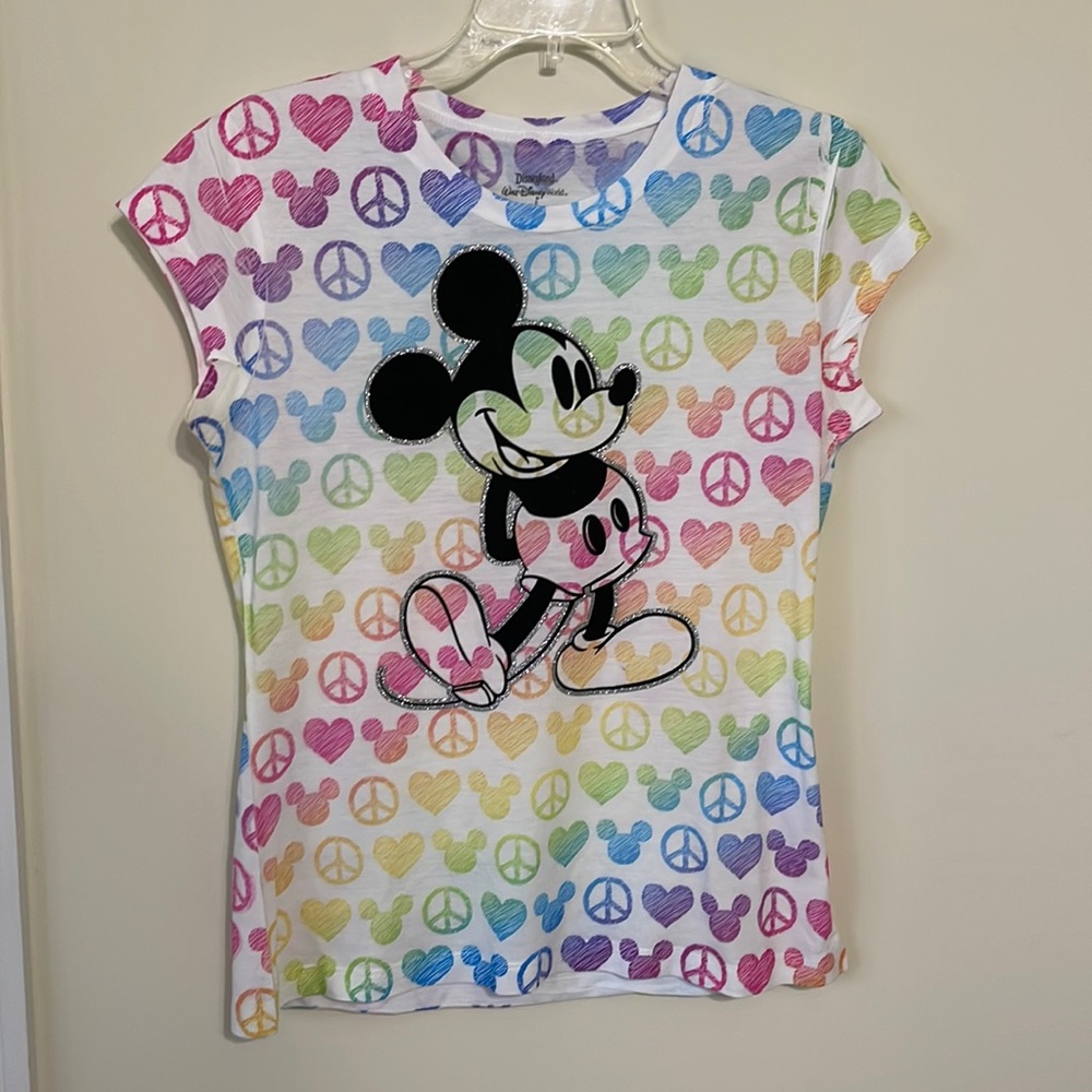 Mickey Mouse T-Shirt with Rainbow Colored Hearts Peace Sign and Mickey Heads
